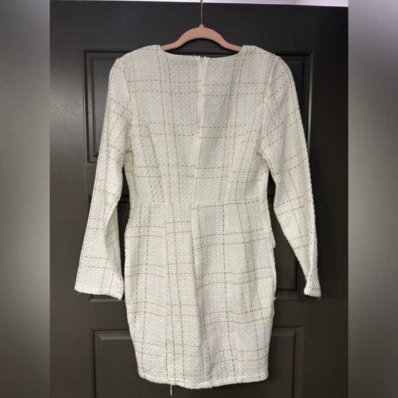 Shein White Plaid & Gold Button Detail Tweed Dress - Picture 3 of 5